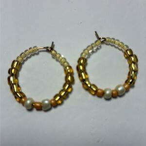 Gold and Cream Beaded Hoop Earrings - Women Jewelry